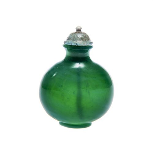 Glass, spinach green of rounded flattened form